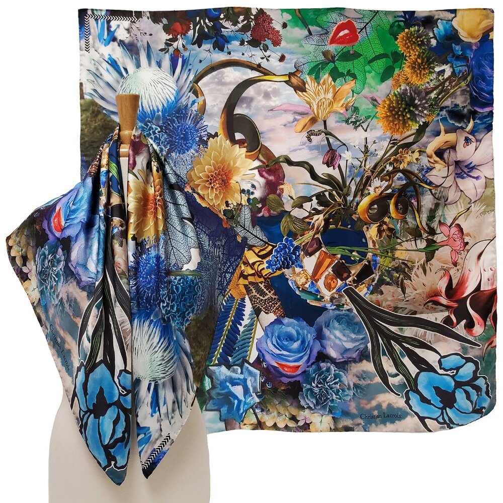 CHRISTIAN LACROIX SCARF FLORAL GARDEN PRINT SILK FOULARD SQUARE 35"
